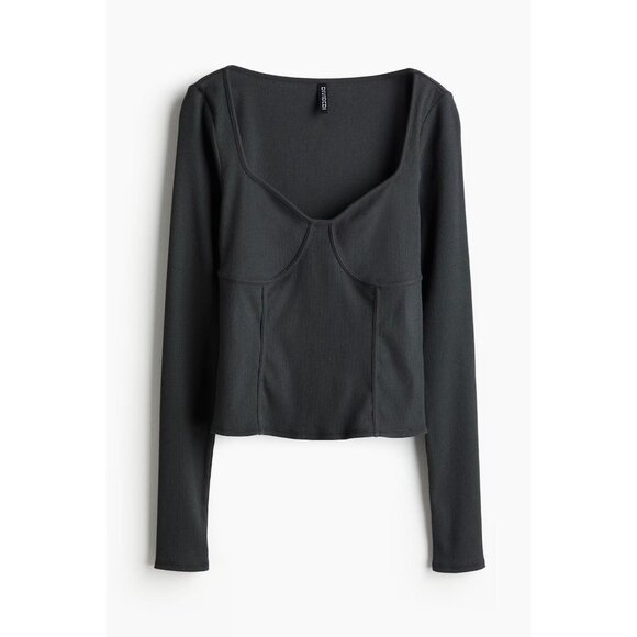 H&M Dark Gray Corset Style Ribbed Long Sleeve Top - Picture 1 of 7